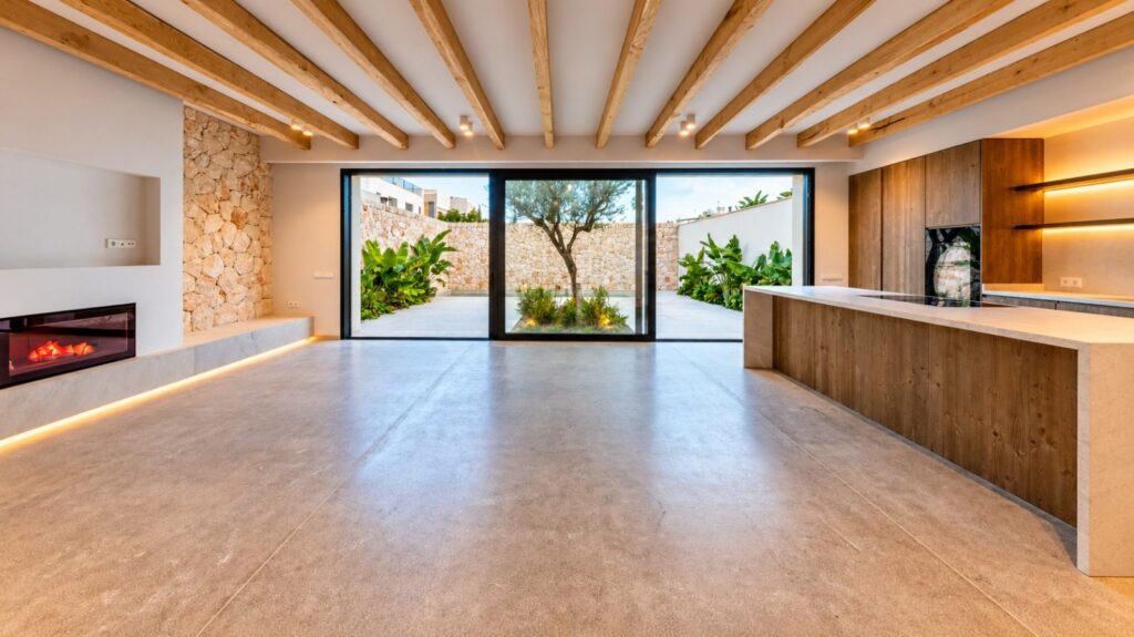 Salón comedor con chimenea de leña, vigas de madera y salida al patio con piscina