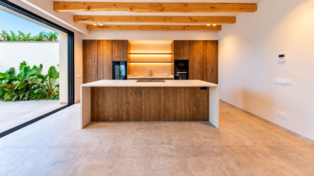 Cocina abierta al patio con isla de piedra y frentes de madera