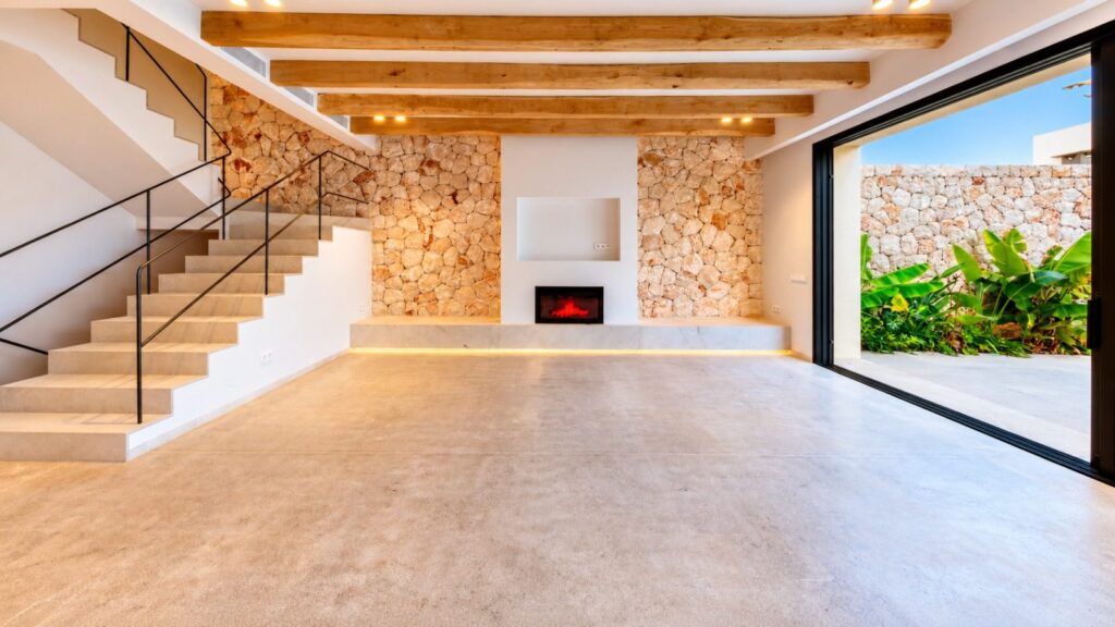 Salón con chimenea, paramentos de piedra natural y escalera de acceso a la planta piso
