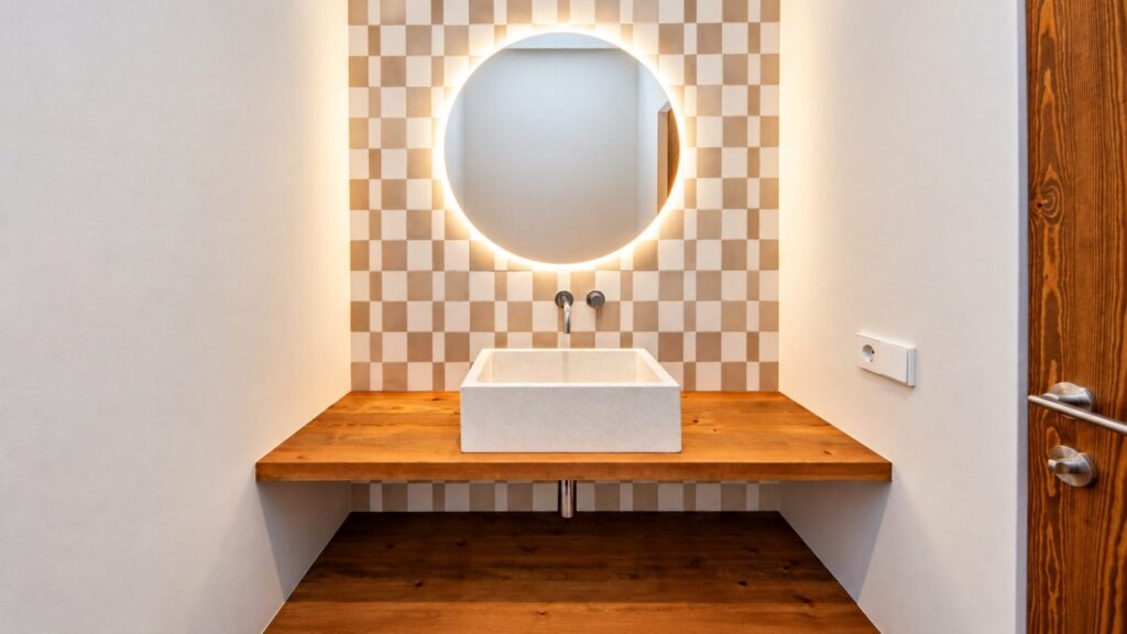 Aseo de invitados con lavabo de piedra sobre encimera de madera y espejo circular retroiluminado