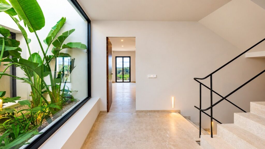 Recibidor con patio interior acristalado y escalera de piedra