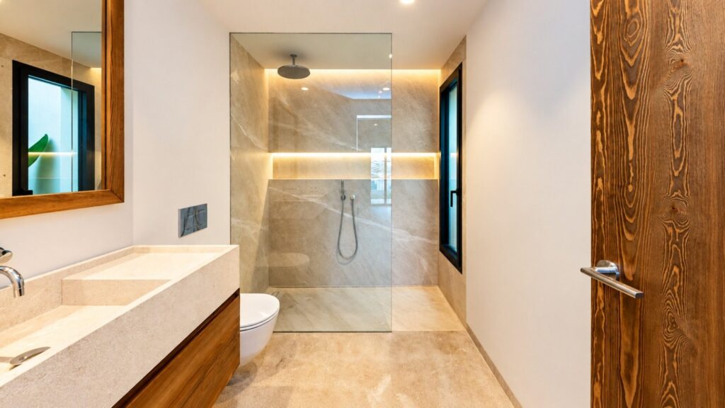 Baño en suite con ducha de obra, mampara de vidrio y lavabo de piedra