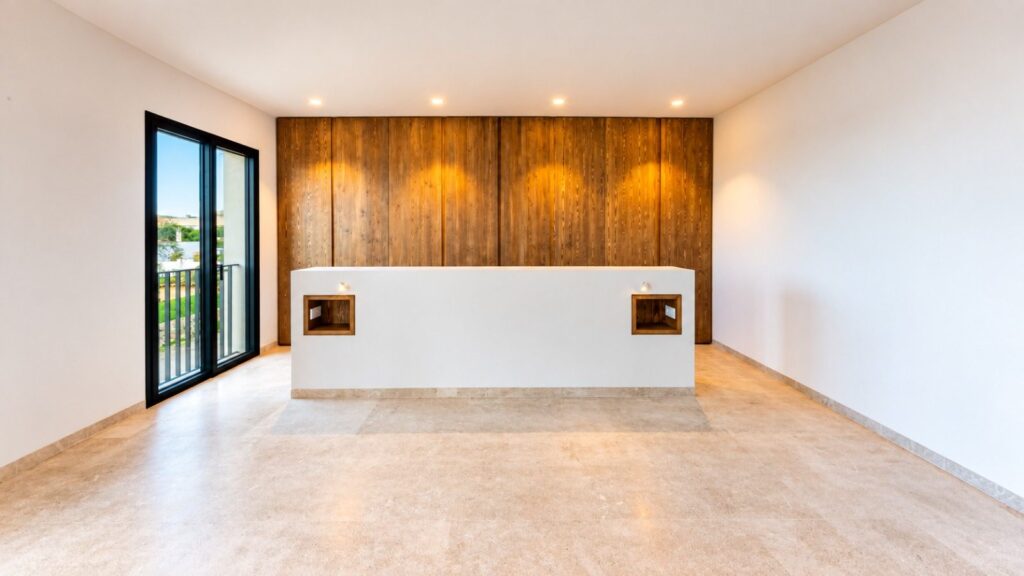 Dormitorio principal con cabecero de obra y panelado de madera, con salida a balcón