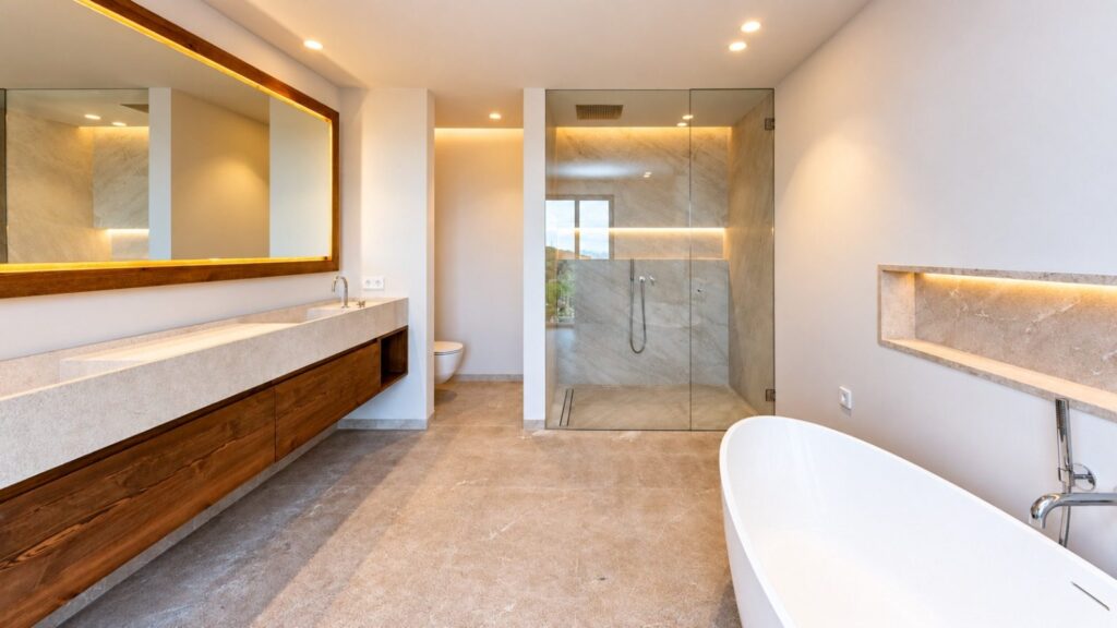Baño principal con doble lavabo de piedra, ducha de mármol y bañera exenta